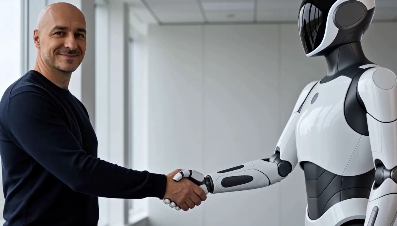 Steffen Zahn reicht einem humanoiden Roboter die Hand. KI-generiertes Bild.